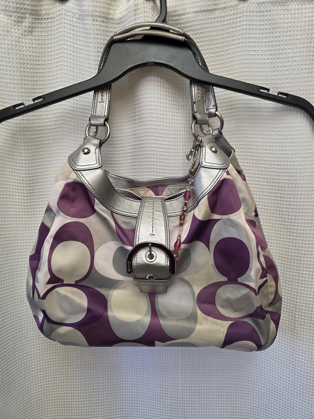 Coach Purple Signature Pattern Shoulder Bag with Silver Trim USED